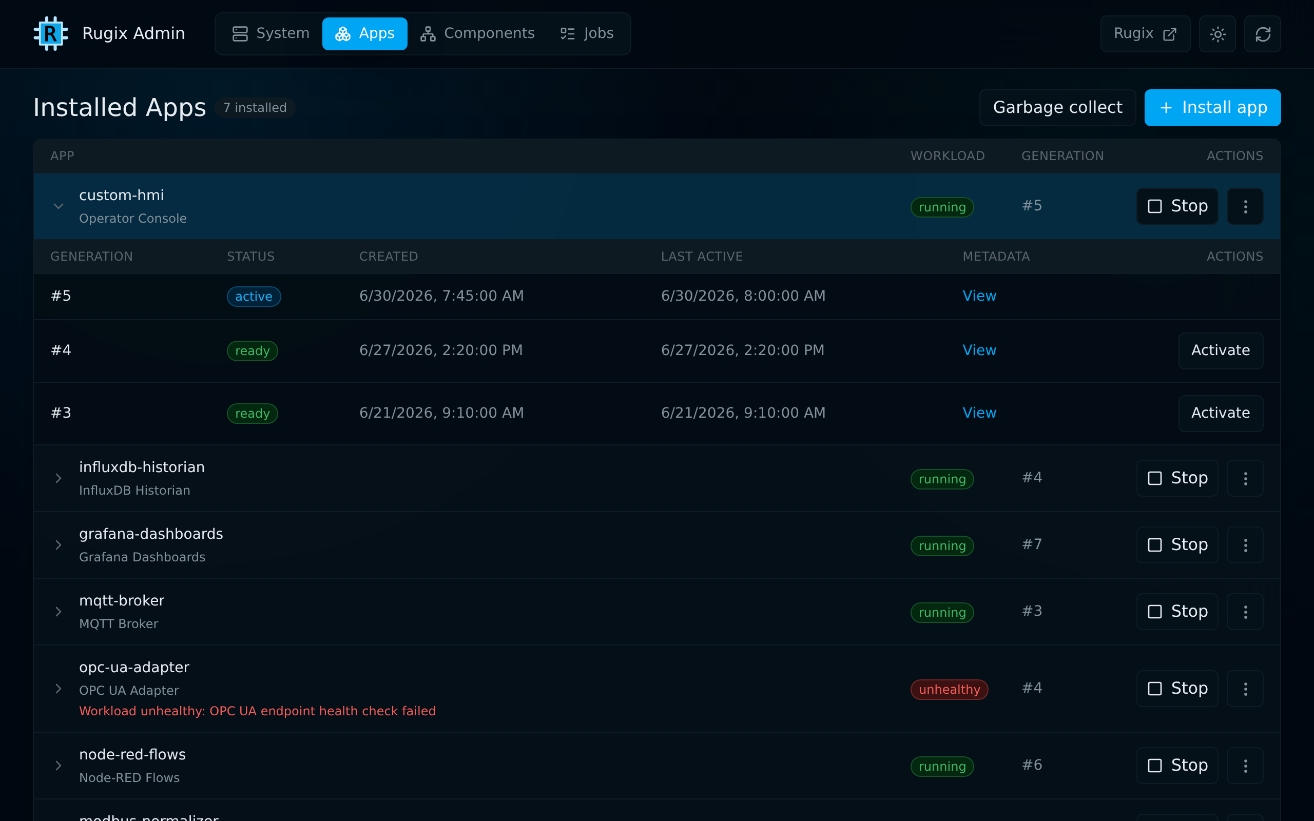 Rugix Admin Apps view showing installed application workloads and an expanded list of deployment generations