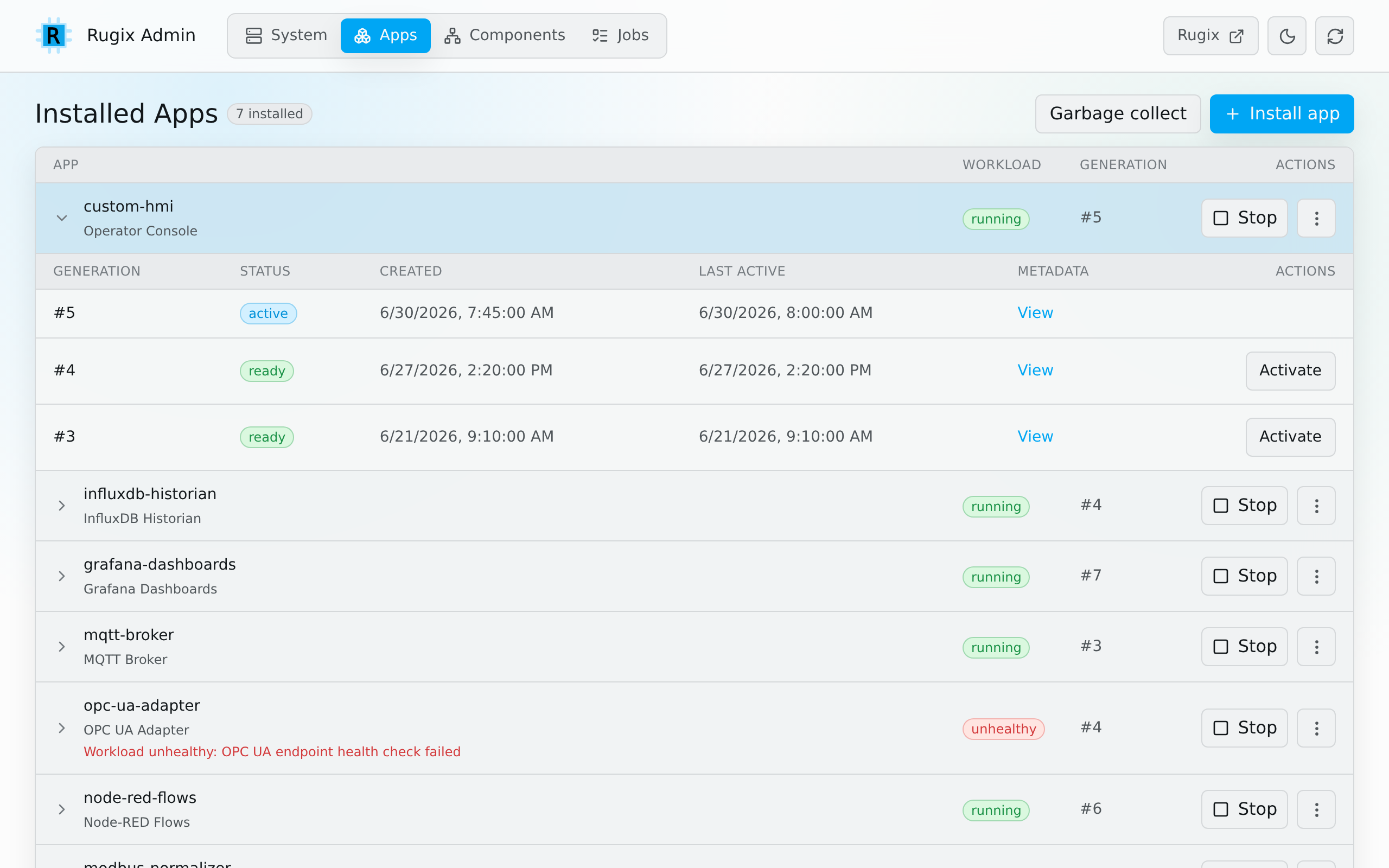 Rugix Admin Apps view showing installed application workloads and an expanded list of deployment generations