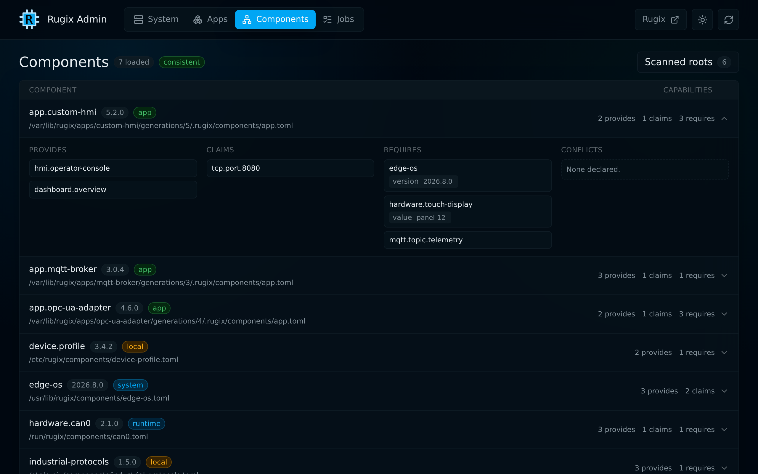 Rugix Admin Components view showing component capabilities and dependencies on hardware and edge-os