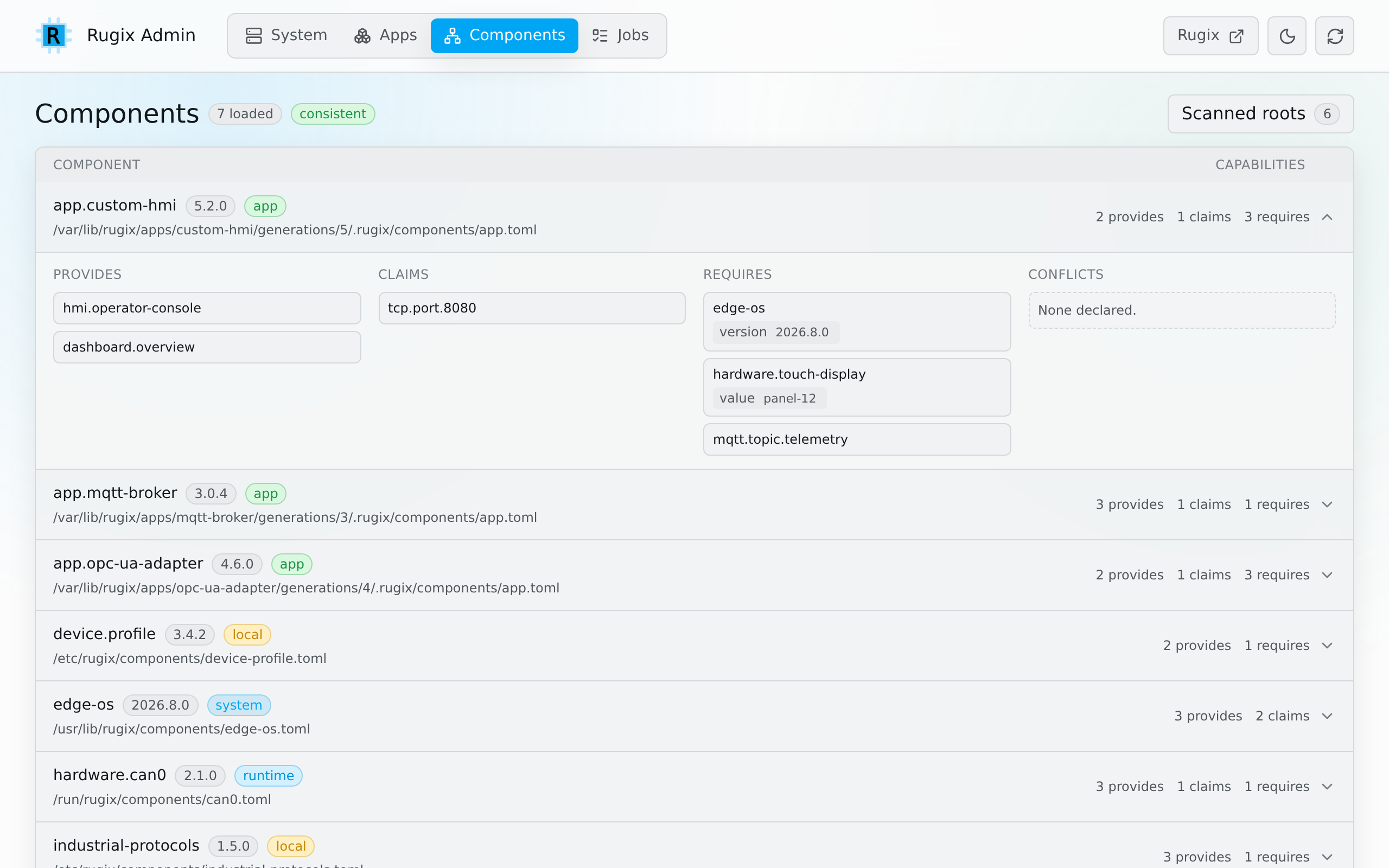Rugix Admin Components view showing component capabilities and dependencies on hardware and edge-os