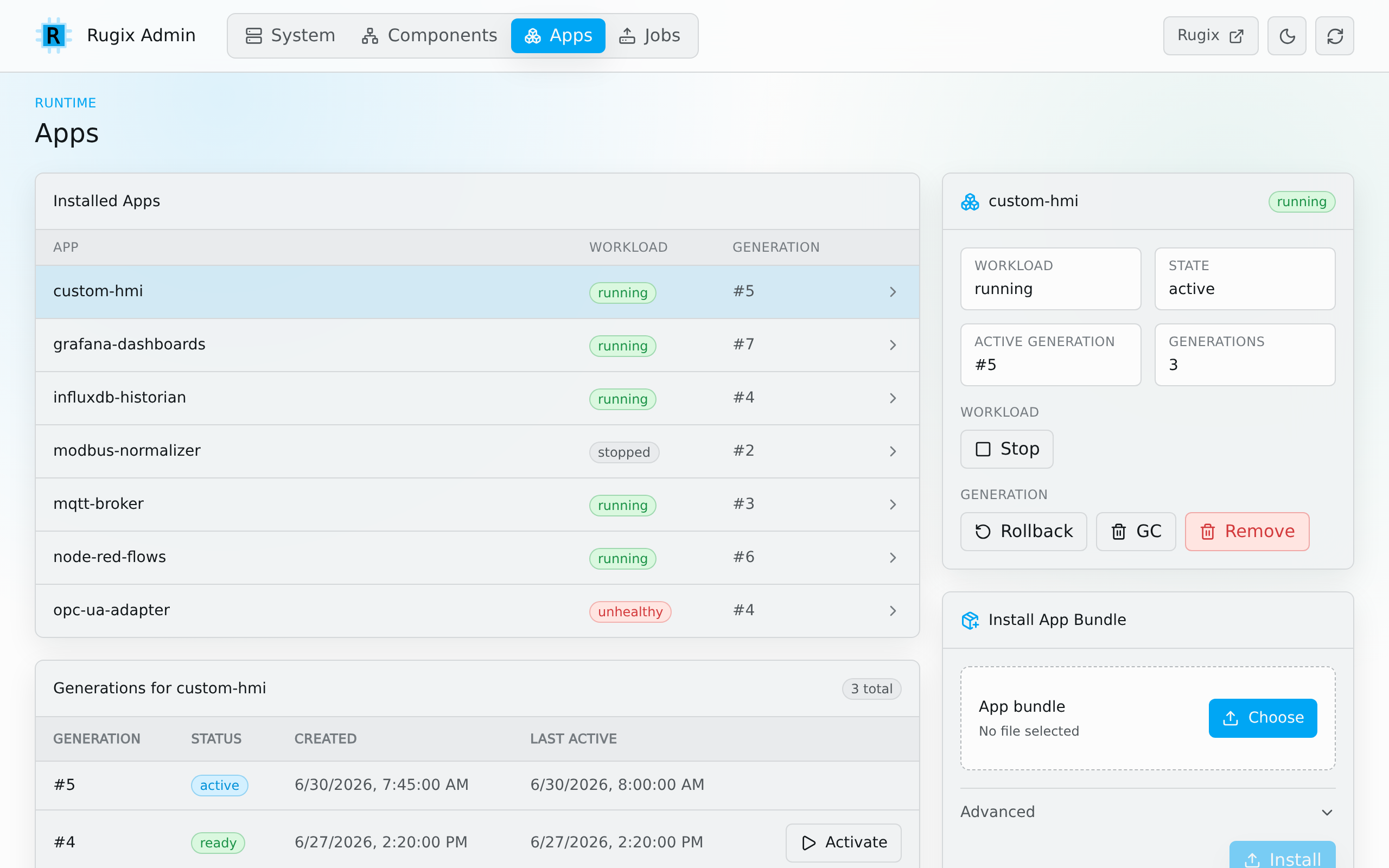 Rugix Admin application management screen