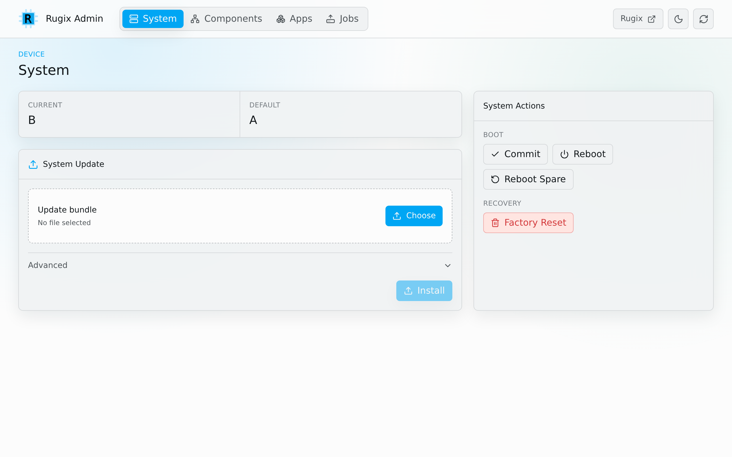 Rugix Admin system management screen